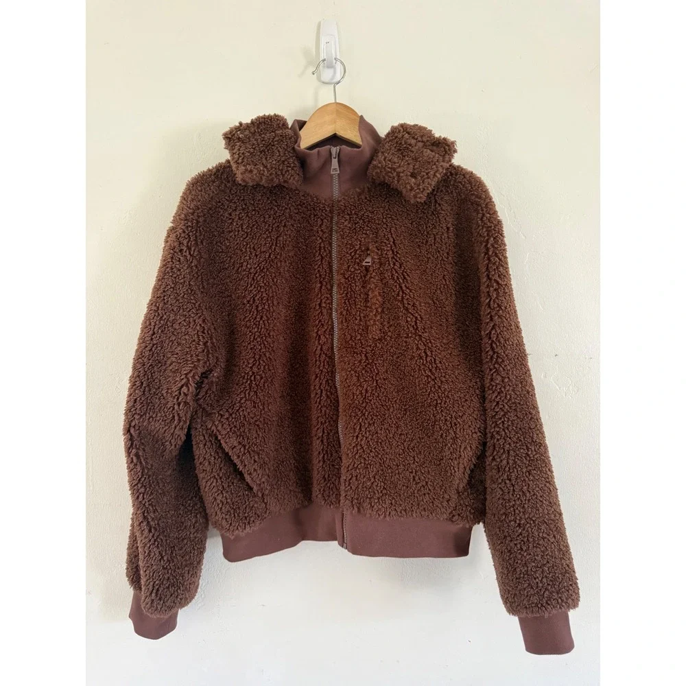 Beyond Yoga Brown Teddy Fleece Bomber Jacket Detachable Hood Womens Medium